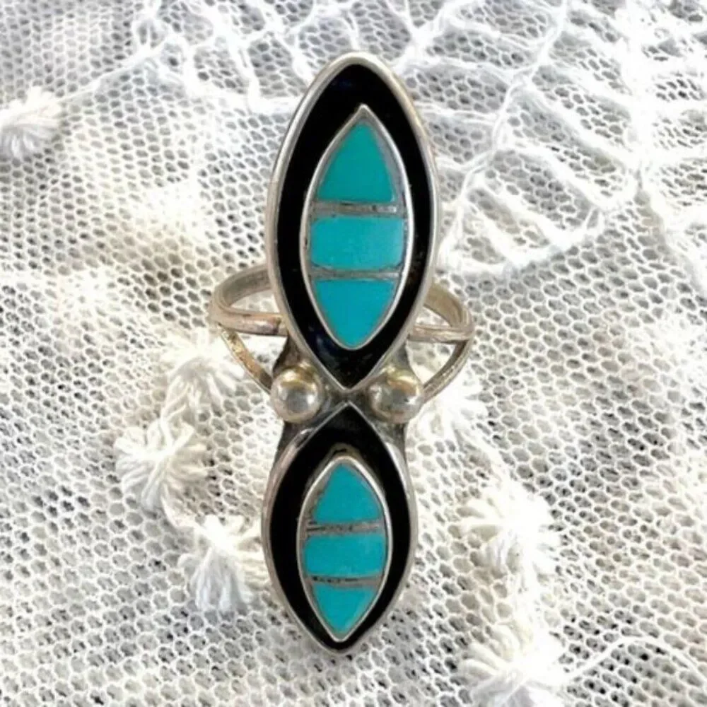 Vintage Native Turquoise Inlay Zuni Dishta Long Ring